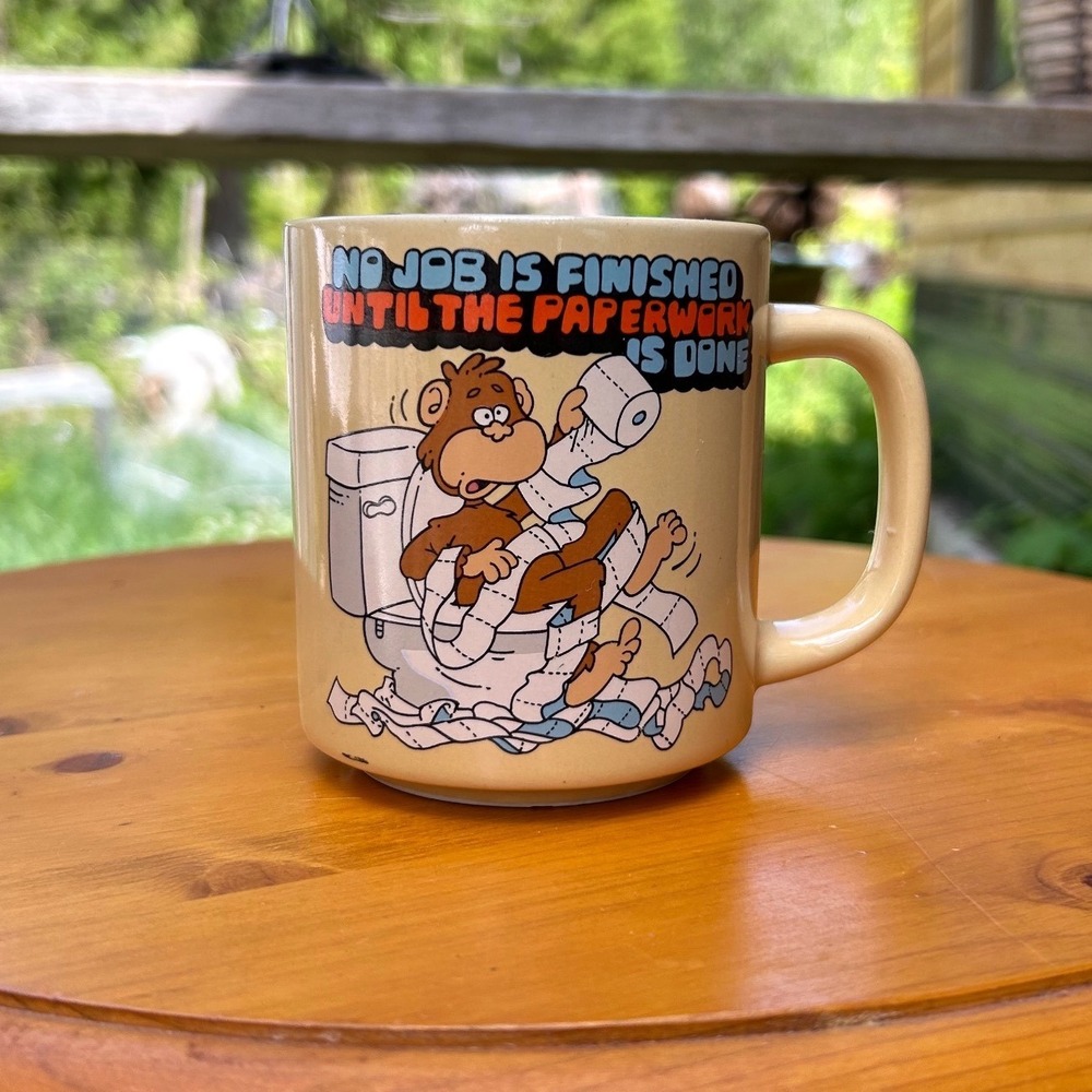 Vintage Ceramic Monkey Paperwork Office Humor Novelty Mug Tan C.M. Paula